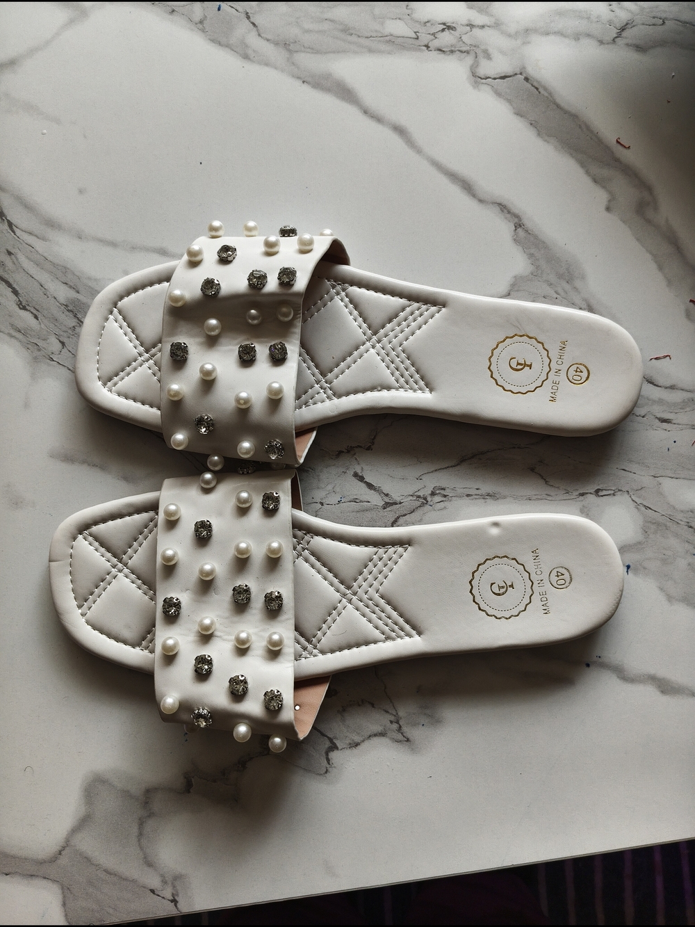 Embellished White Pearl & Crystal Slide Sandals - Women